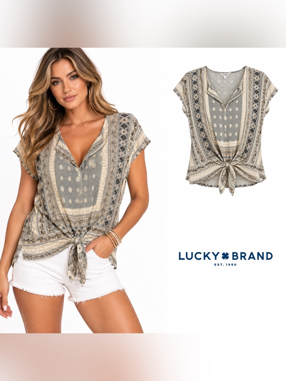 NEW Lucky Brand Taupe & Cream Printed Tie-Front